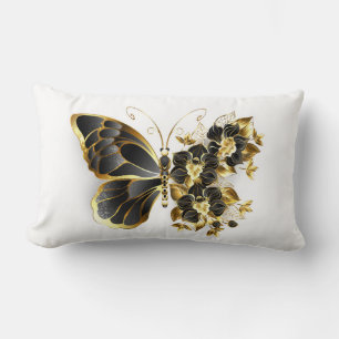 Gold Flower Butterfly with Black Orchid Lumbar Cushion