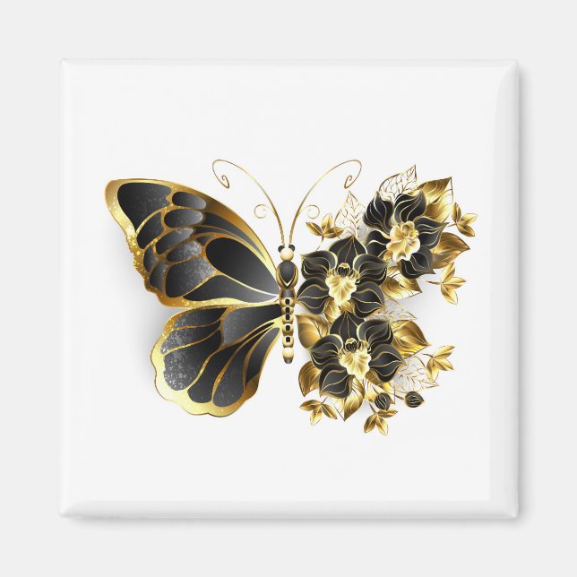 Gold Flower Butterfly with Black Orchid Magnet (Front)