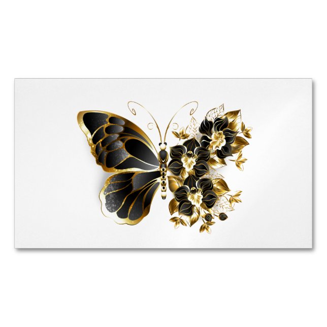 Gold Flower Butterfly with Black Orchid Magnetic Business Card (Front)