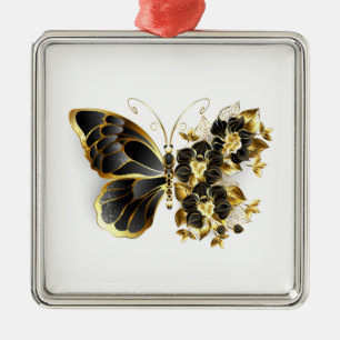 Gold Flower Butterfly with Black Orchid Metal Ornament