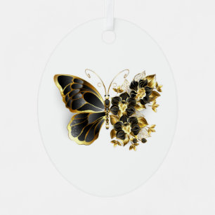 Gold Flower Butterfly with Black Orchid Metal Tree Decoration