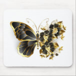 Gold Flower Butterfly with Black Orchid Mouse Pad<br><div class="desc">Gold flower butterfly with black jewellery orchid,  decorated with gold leaves on white background.</div>