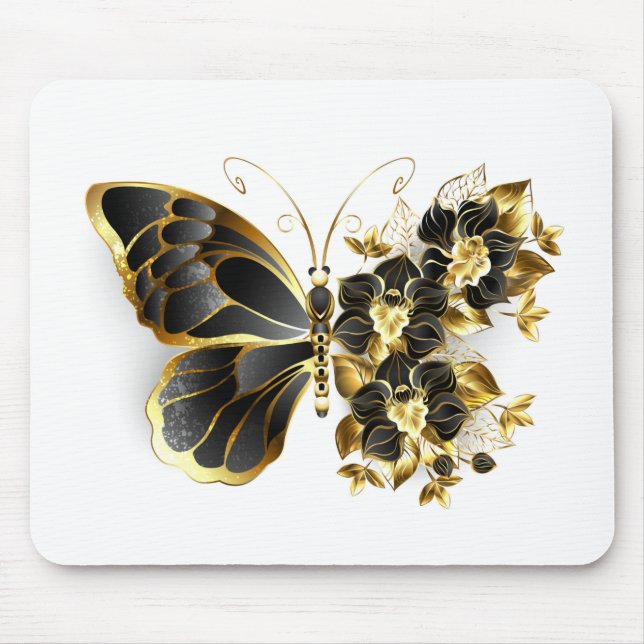 Gold Flower Butterfly with Black Orchid Mouse Pad (Front)
