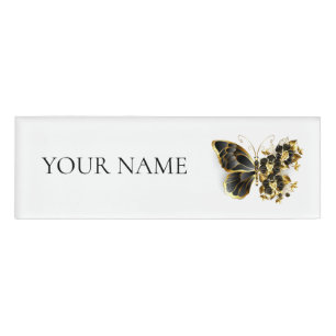 Gold Flower Butterfly with Black Orchid Name Tag