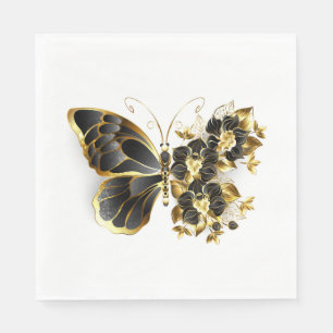 Gold Flower Butterfly with Black Orchid Napkin