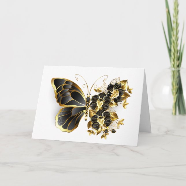 Gold Flower Butterfly with Black Orchid Note Card (Front)