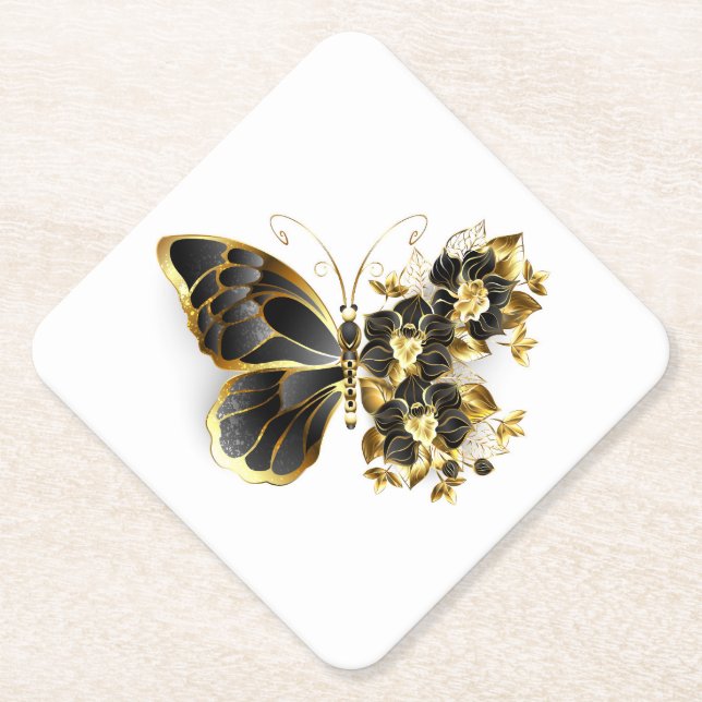 Gold Flower Butterfly with Black Orchid Paper Coaster (Front)