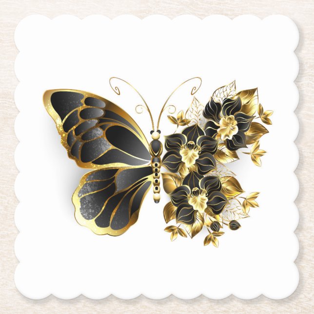 Gold Flower Butterfly with Black Orchid Paper Coaster (Front)
