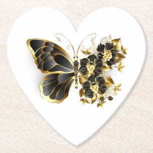 Gold Flower Butterfly with Black Orchid Paper Coaster
