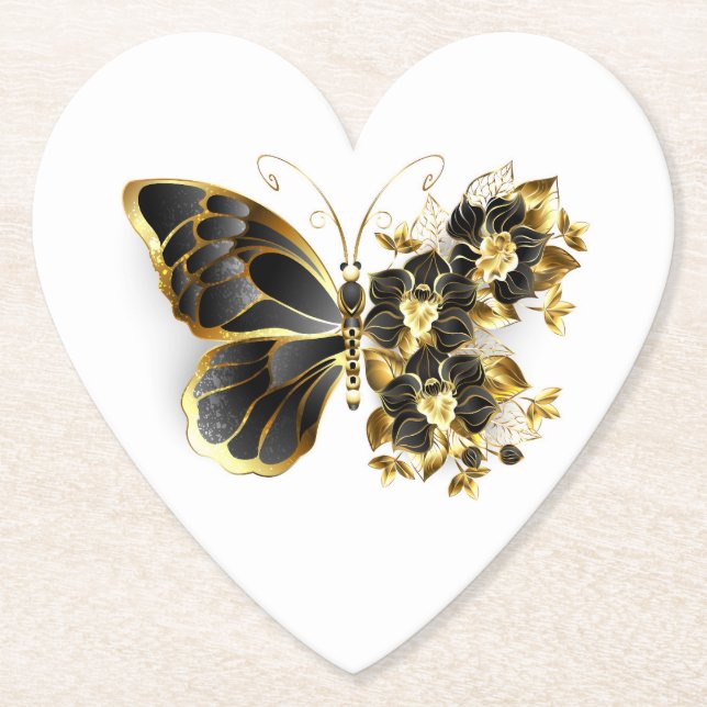 Gold Flower Butterfly with Black Orchid Paper Coaster (Front)