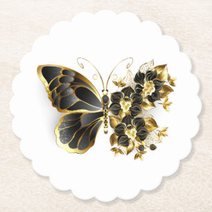 Gold Flower Butterfly with Black Orchid Paper Coaster