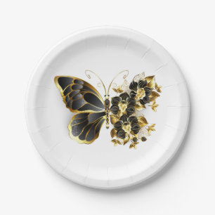 Gold Flower Butterfly with Black Orchid Paper Plate