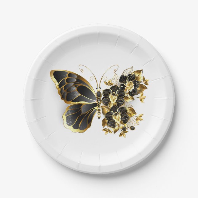 Gold Flower Butterfly with Black Orchid Paper Plate (Front)