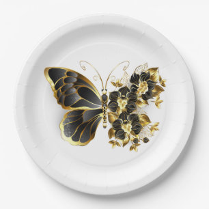 Gold Flower Butterfly with Black Orchid Paper Plate