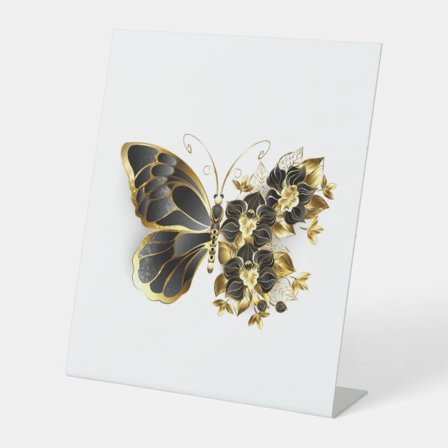 Gold Flower Butterfly with Black Orchid Pedestal Sign (Front)
