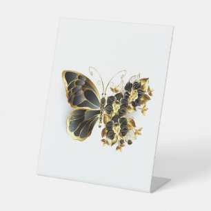 Gold Flower Butterfly with Black Orchid Pedestal Sign