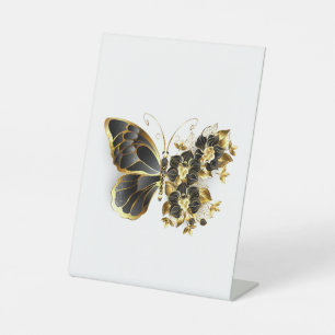 Gold Flower Butterfly with Black Orchid Pedestal Sign