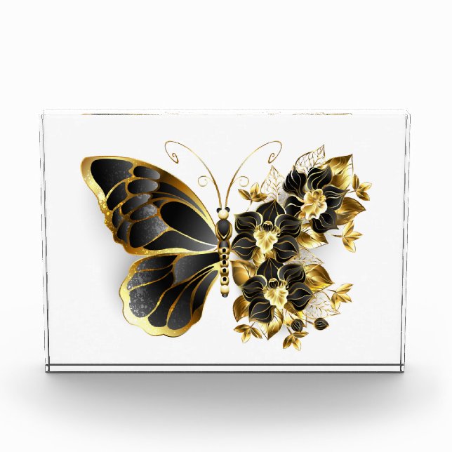 Gold Flower Butterfly with Black Orchid Photo Block (Front)