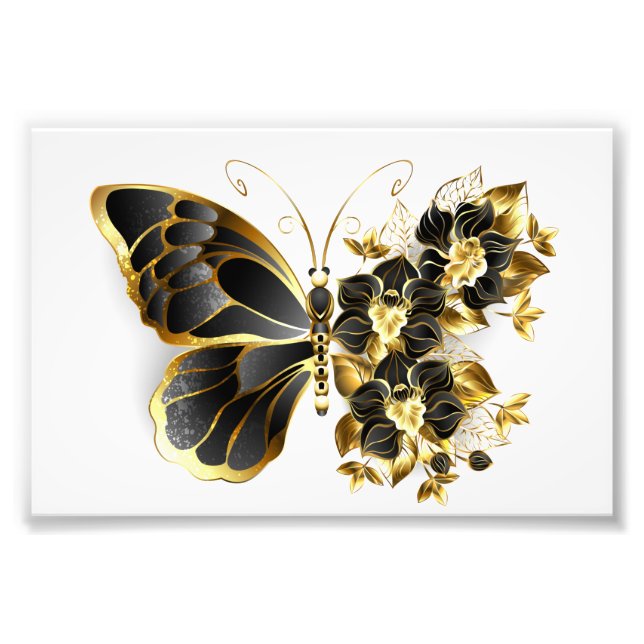 Gold Flower Butterfly with Black Orchid Photo Print (Front)
