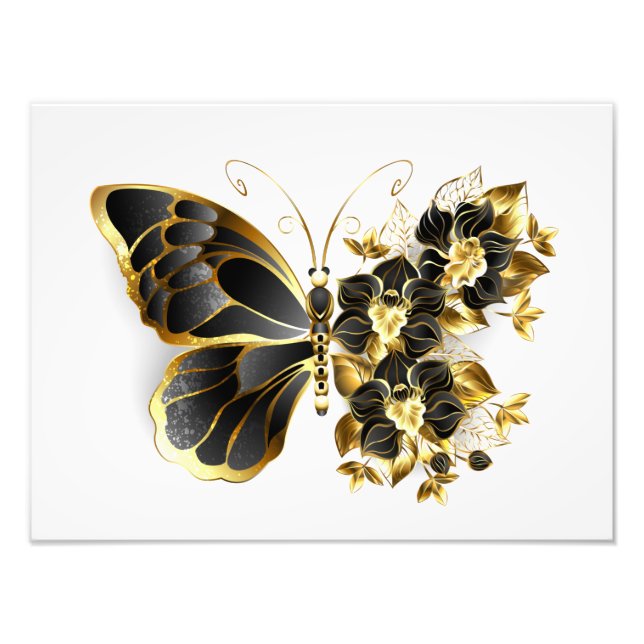 Gold Flower Butterfly with Black Orchid Photo Print (Front)