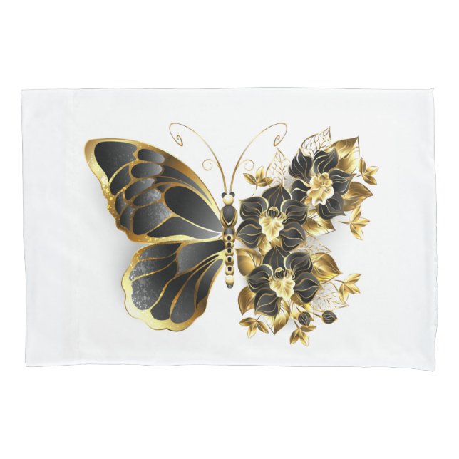 Gold Flower Butterfly with Black Orchid Pillowcase (Front)