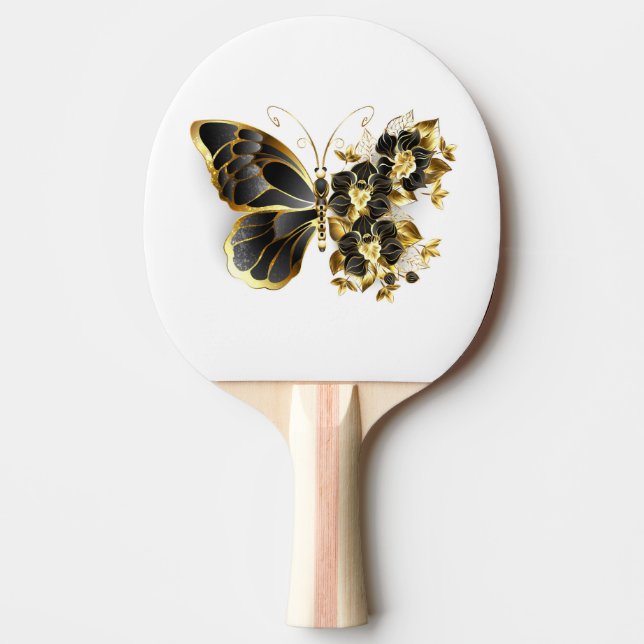 Gold Flower Butterfly with Black Orchid Ping Pong Paddle (Front)