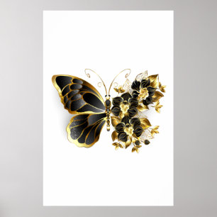 Gold Flower Butterfly with Black Orchid Poster
