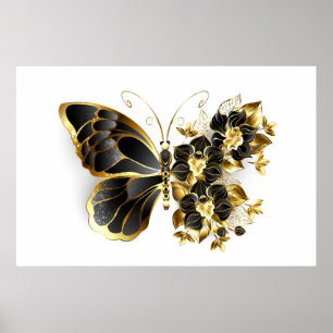 Gold Flower Butterfly with Black Orchid Poster