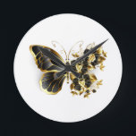 Gold Flower Butterfly with Black Orchid Round Clock<br><div class="desc">Gold flower butterfly with black jewellery orchid,  decorated with gold leaves on white background.</div>