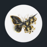 Gold Flower Butterfly with Black Orchid Round Clock<br><div class="desc">Gold flower butterfly with black jewellery orchid,  decorated with gold leaves on white background.</div>