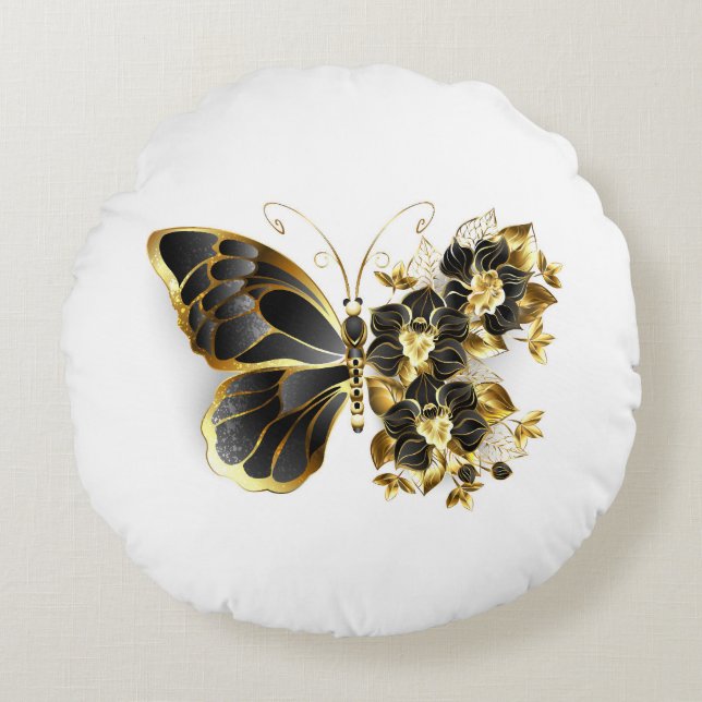 Gold Flower Butterfly with Black Orchid Round Cushion (Front)