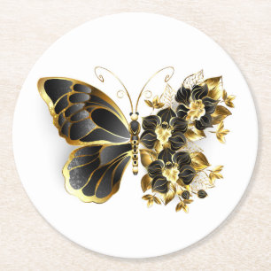 Gold Flower Butterfly with Black Orchid Round Paper Coaster