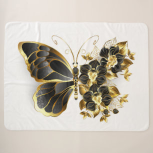 Gold Flower Butterfly with Black Orchid Sherpa Blanket