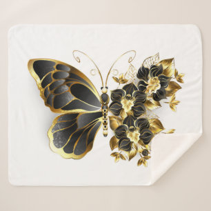 Gold Flower Butterfly with Black Orchid Sherpa Blanket
