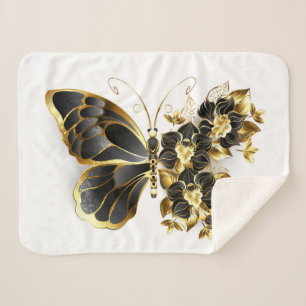Gold Flower Butterfly with Black Orchid Sherpa Blanket