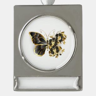 Gold Flower Butterfly with Black Orchid Silver Plated Banner Ornament