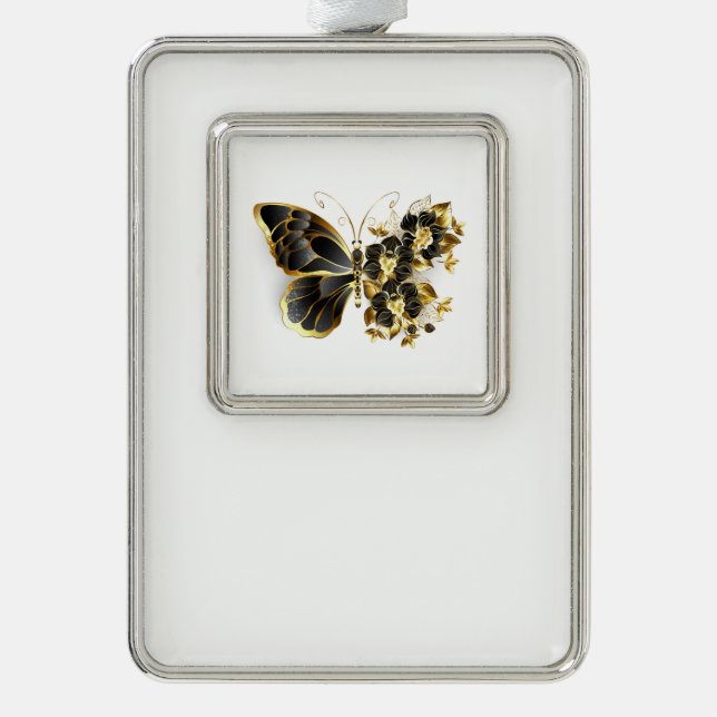Gold Flower Butterfly with Black Orchid Silver Plated Framed Ornament (Front)
