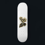 Gold Flower Butterfly with Black Orchid Skateboard<br><div class="desc">Gold flower butterfly with black jewellery orchid,  decorated with gold leaves on white background.</div>