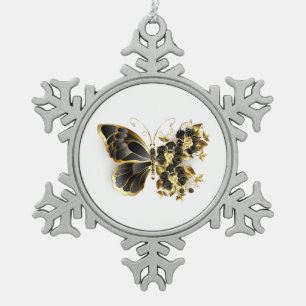 Gold Flower Butterfly with Black Orchid Snowflake Pewter Christmas Ornament