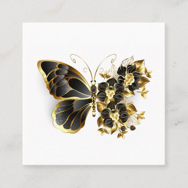 Gold Flower Butterfly with Black Orchid Square Business Card (Front)