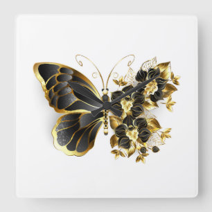Gold Flower Butterfly with Black Orchid Square Wall Clock