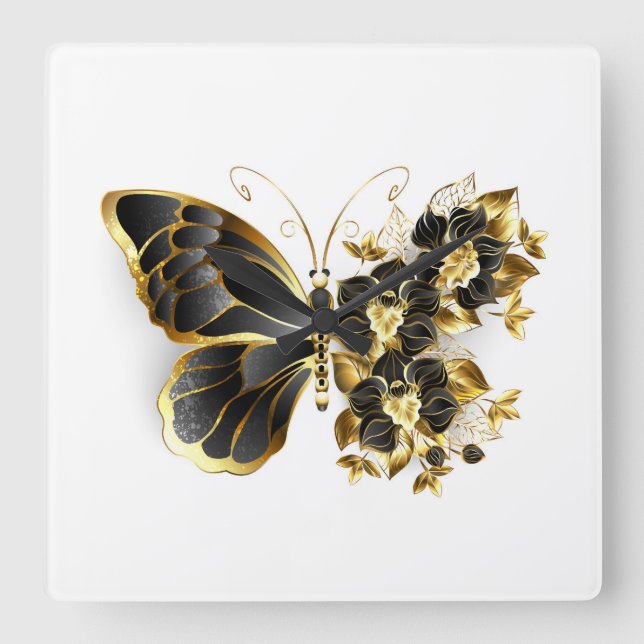 Gold Flower Butterfly with Black Orchid Square Wall Clock (Front)