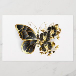 Gold Flower Butterfly with Black Orchid Stationery