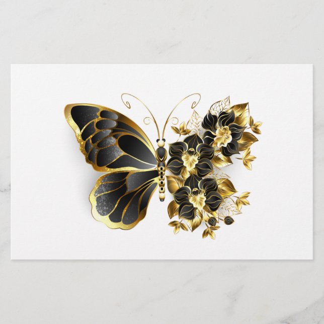 Gold Flower Butterfly with Black Orchid Stationery (Front)