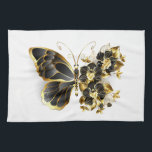 Gold Flower Butterfly with Black Orchid Tea Towel<br><div class="desc">Gold flower butterfly with black jewellery orchid,  decorated with gold leaves on white background.</div>