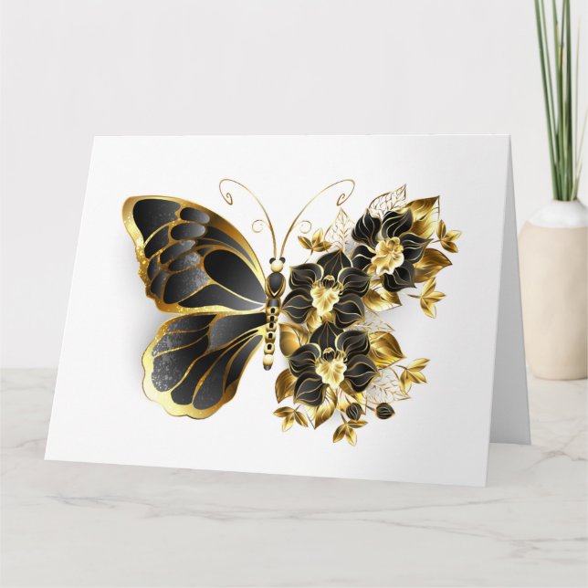 Gold Flower Butterfly with Black Orchid Thank You Card (Front)