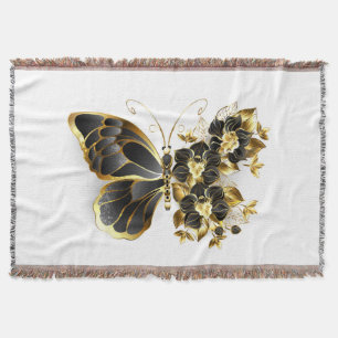 Gold Flower Butterfly with Black Orchid Throw Blanket