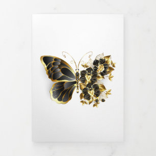 Gold Flower Butterfly with Black Orchid Tri-Fold Announcement