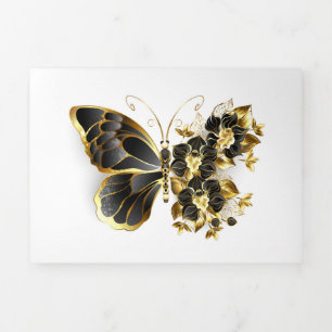 Gold Flower Butterfly with Black Orchid Tri-Fold Holiday Card