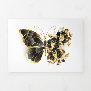 Gold Flower Butterfly with Black Orchid Tri-Fold Invitation